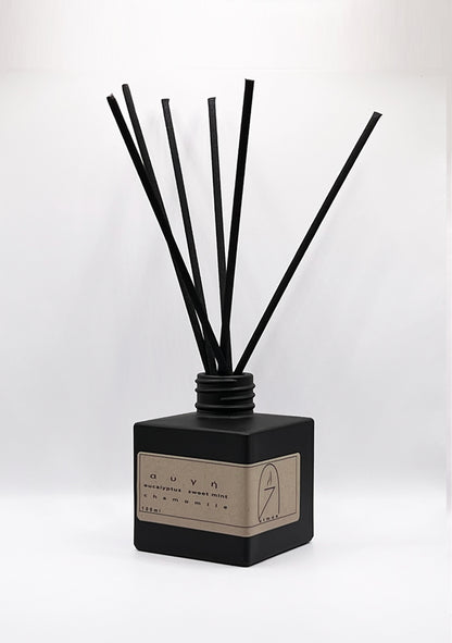 Reed Diffuser αυγή - dawn. 100ml long last reed diffuser, reed diffuser in black matt container, recycling label, micro fiber reeds