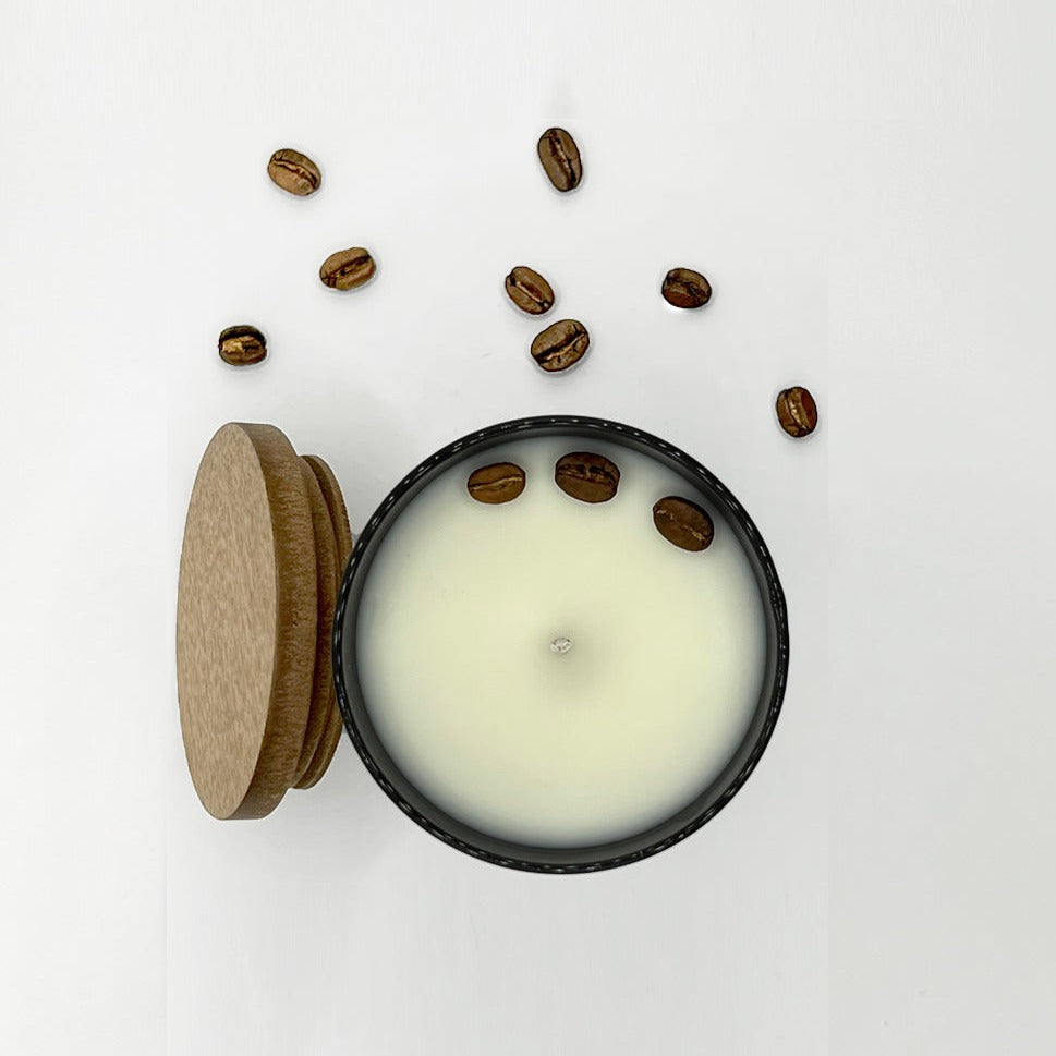 Scented Candle χόβολη - Greek coffee, upfront picture, real coffee seeds appear in the candle. wooden lid.